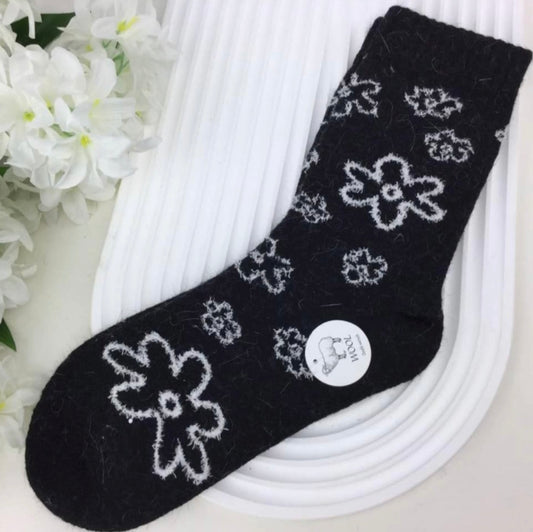 Black Floral Wool Blend Socks