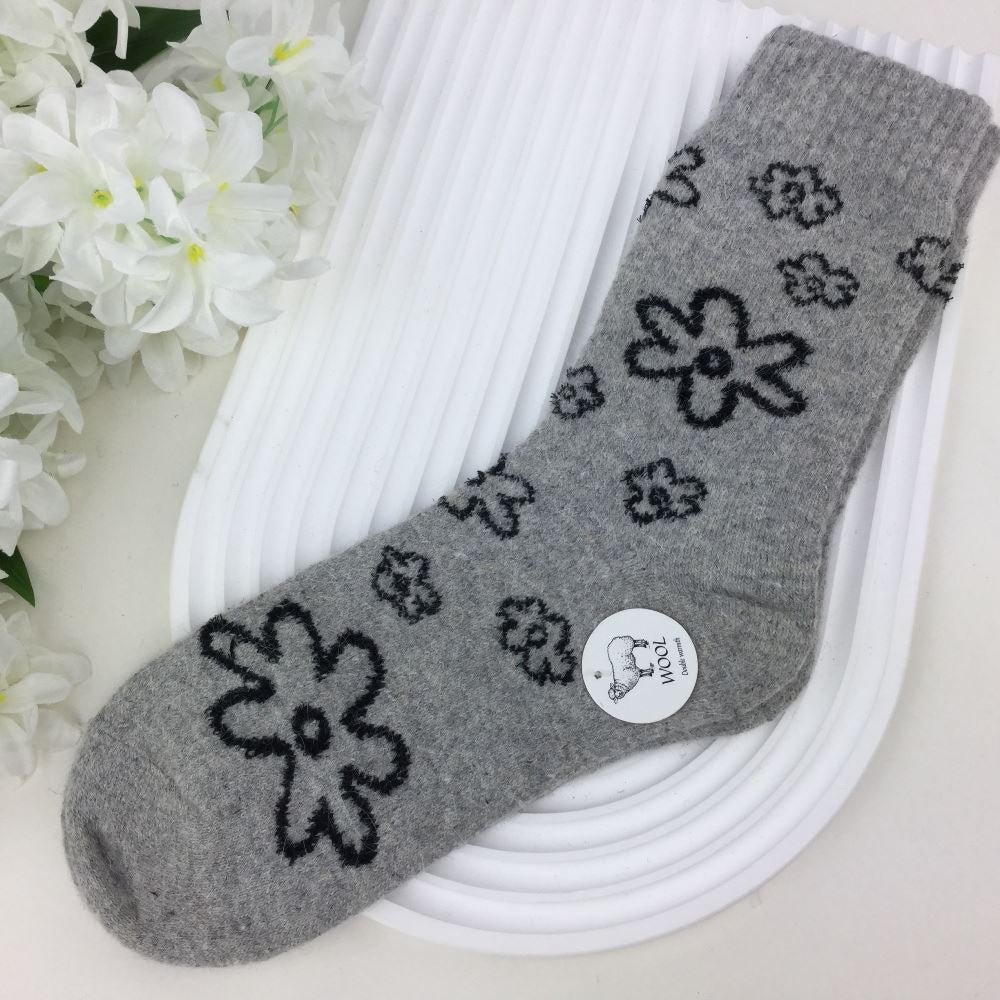 Grey Floral Wool Blend Socks