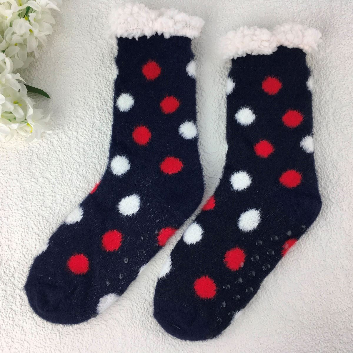 Navy and Red Spotty Slipper Socks