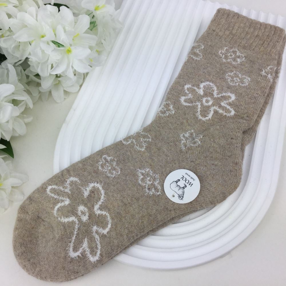 Beige Floral Wool Blend Socks