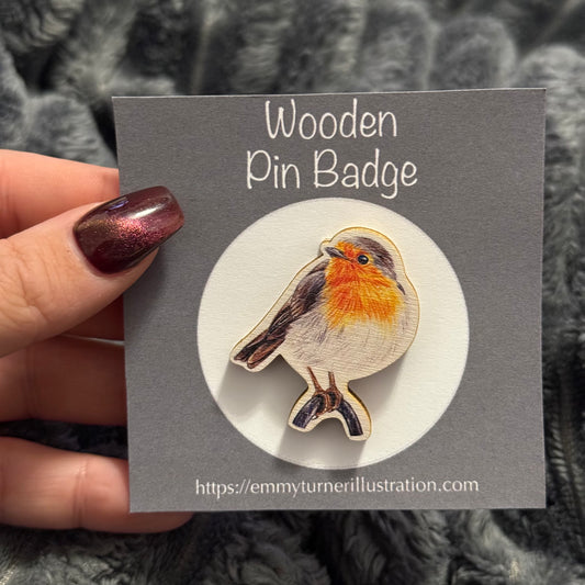Robin Wooden Pin Badge
