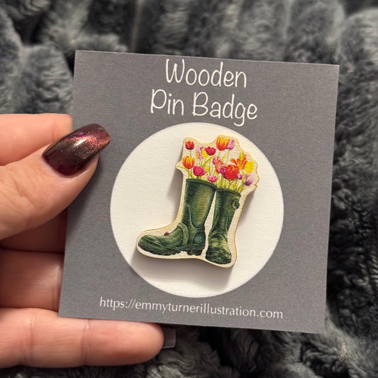 Wellies Wooden Pin Badge