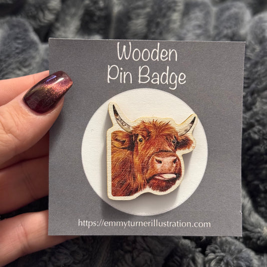 Highland Cow Wooden Pin Badge