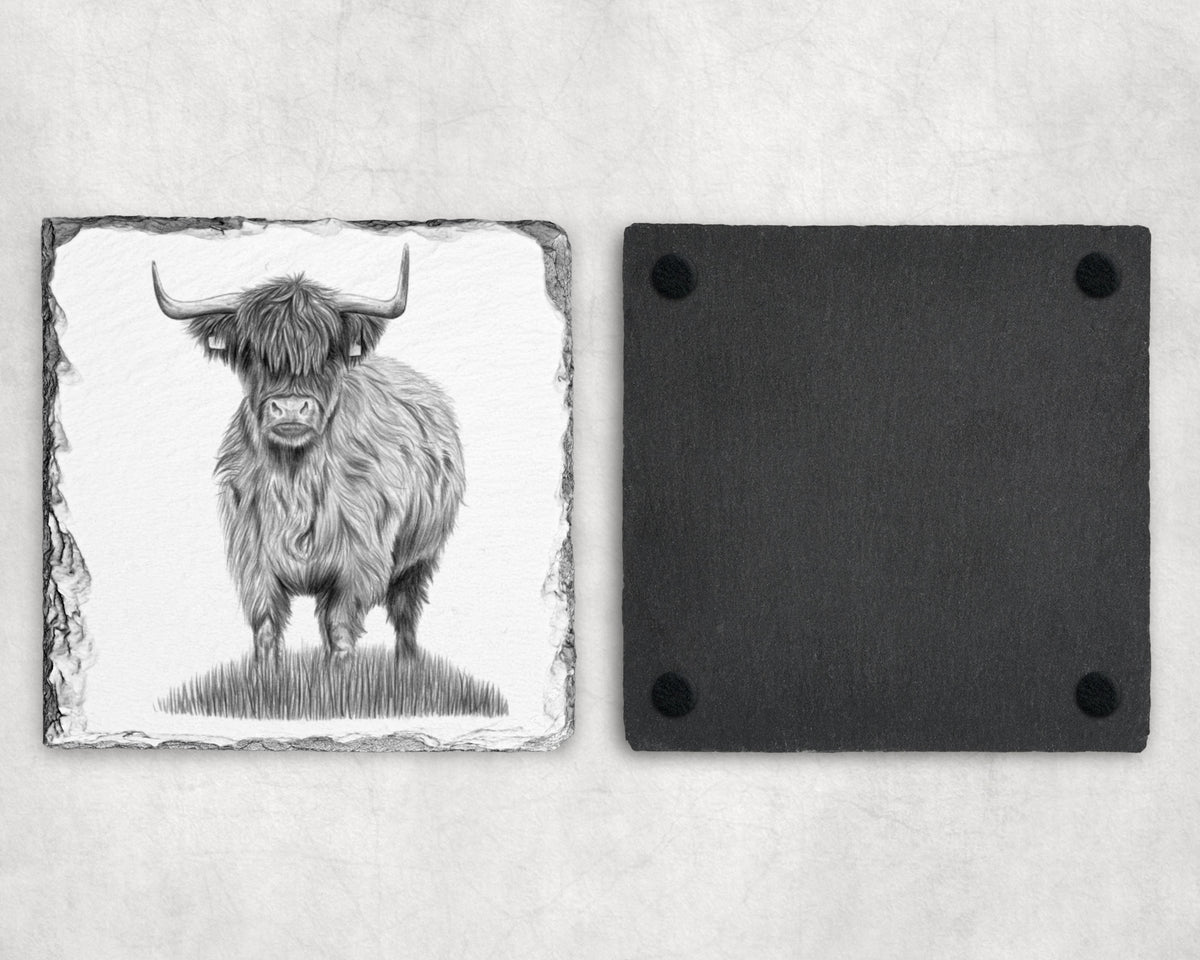 Preorder - Highland Cow black & white Slate Coaster