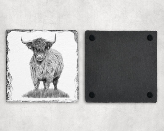 Preorder - Highland Cow black & white Slate Coaster